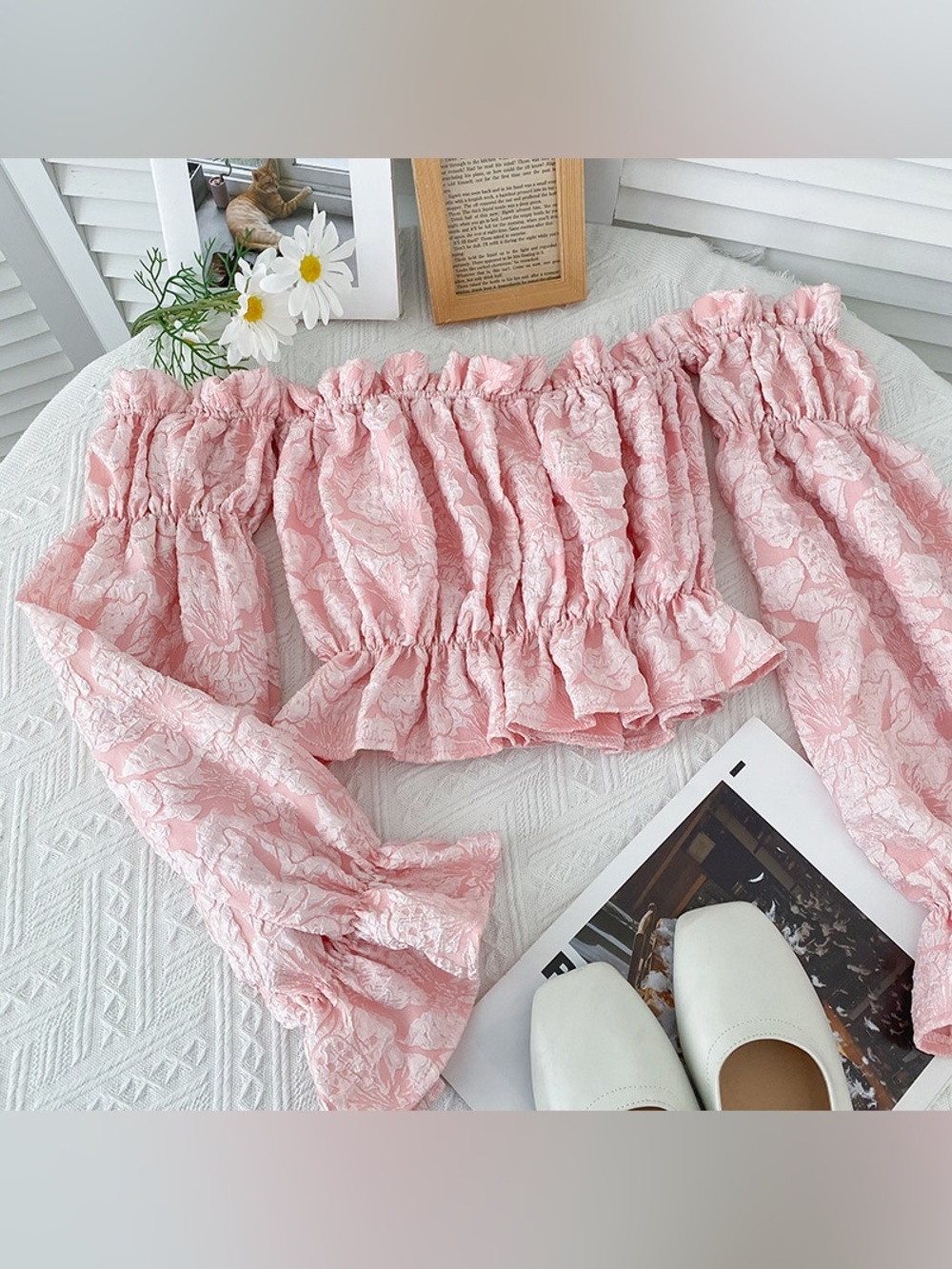 Cloud Ten Pink Floral Off-Shoulder Smocked Crop Top